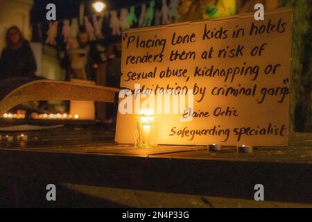 200 candles were placed on Falmouth Moor to represent the 200 missing refugee children according to the Home Office in government-approved hotels. Stock Photo