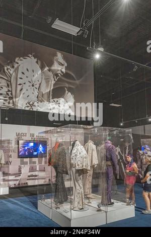 Elvis Stage Costumes on display in the Elvis Presley's Memphis Entertainment Complex at Graceland in Memphis, Tennessee. Stock Photo