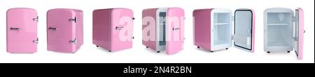 Set with mini refrigerators for cosmetics on white background, banner design Stock Photo