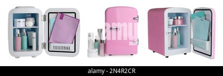 Set with mini refrigerators for cosmetics on white background, banner design Stock Photo