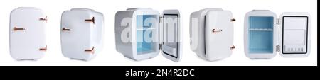 Set with mini refrigerators for cosmetics on white background, banner design Stock Photo