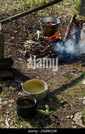 Pieces of meat float in a bucket on a campfire in the wild North of Yakutia next to pots of water from the lake for boiling. Food at rest. Stock Photo