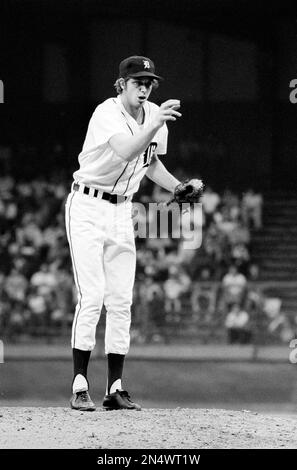 Mark Fidrych of the Detroit Tigers pitches against the Toronto Blue Jays  during their game in Detroit, Mich., June 16, 1977. The Tigers won 4-1. It  was Fidrych's first home victory after