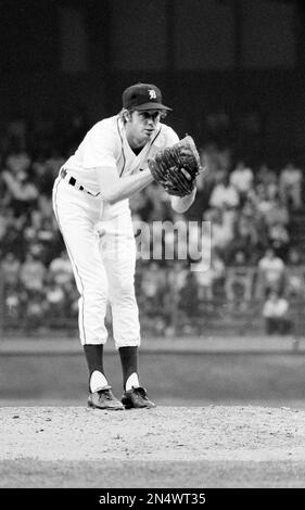 Mark Fidrych of the Detroit Tigers pitches against the Toronto Blue Jays  during their game in Detroit, Mich., June 16, 1977. The Tigers won 4-1. It  was Fidrych's first home victory after