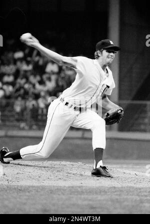 Mark Fidrych of the Detroit Tigers pitches against the Toronto Blue Jays  during their game in Detroit, Mich., June 16, 1977. The Tigers won 4-1. It  was Fidrych's first home victory after