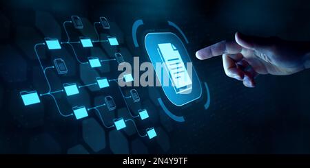 Document management system (DMS) and business process automation technology. Finger touching document icon on virtual screen. File storage and archivi Stock Photo