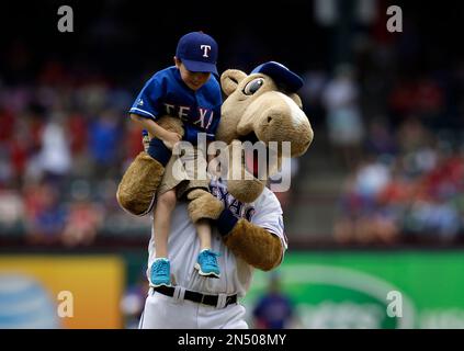 Arlington, Texas, USA. 24th June, 2015. Rangers Captain, the Texas Rangers  mascot, leads the fans during the seventh inning stretch during the the  Major League Baseball game between the Oakland Athletics and