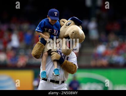 AUG 04, 2015: Texas Rangers mascot Captain celebrates a win after