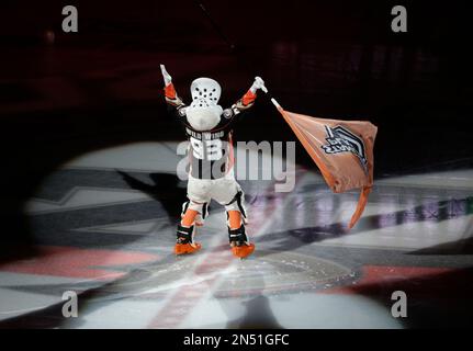 April 16, 2014 Anaheim, CA.Anaheim Ducks Mascot Wild Wing celebrates the  win after the NHL Playoff game between the Dallas Stars and the Anaheim  Ducks at the Honda Center in Anaheim, California..The