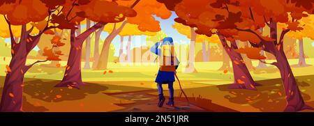 Hiker with backpack walk in autumn forest. Landscape of woods or nature park with trees with orange foliage and girl tourist with stick on path, vector cartoon illustration Stock Vector