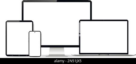 Set of modern technology devices - computer, laptop, digital tablet and smartphone with blank screen. Isolated on white background. Vector illustratio Stock Vector