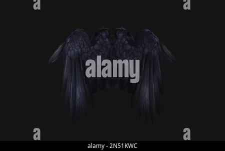 3d Illustration of Crow wing, Demon Wings, Black Wing Plumage Isolated on Black Background. Stock Photo