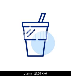 Disposable cup for cold soda with straw. Pixel perfect, editable stroke icon Stock Vector