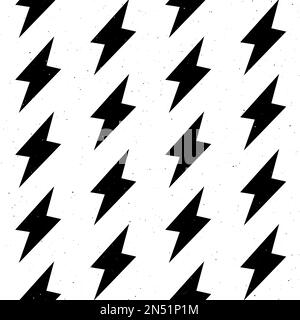 Grunge lightning bolts seamless pattern. Black thunderbolts repeating background. Textured storm and lightning strikes ornament wallpaper. Energy Stock Vector