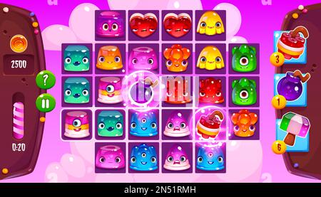 Match three game interface with icons of jelly candies. Mobile app background with cute slime characters in slots, time bar, bonus items and coins, vector cartoon illustration Stock Vector