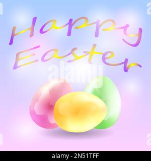 Three Easter eggs with drawings and the inscription Happy Easter on a light festive background. The concept of the arrival of spring, Easter. Vector i Stock Vector