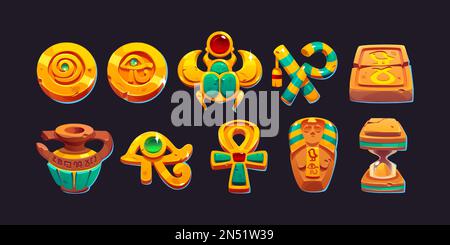 Game icons of ancient Egyptian gold coins, pharaoh tomb, vase, amulets and hourglass. Golden badges with symbols of gods of Egypt, vector cartoon set isolated on background Stock Vector