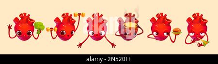 Cartoon set of heart character isolated on background. Vector illustration of human organ with broccoli and burger, exercising with dumbbells, suffering disease attack, in love, shocked or scared Stock Vector
