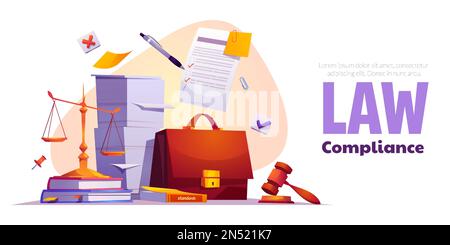 Law compliance, company policies and rules. Legal regulatory guidelines banner with paper documents stacks, books, balance and judicial hammer, vector cartoon illustration Stock Vector
