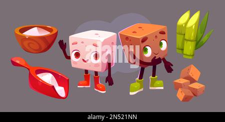 Cartoon sugar characters isolated on background. Vector illustration of white and brown cubes showing pile and bowl of food sweetener, organic green cane plant. Dessert cooking ingredient. Funny emoji Stock Vector