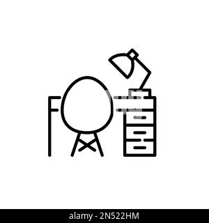Modern computer chair and desk with drawers and lamp. Office workplace. Pixel perfect, editable stroke icon Stock Vector