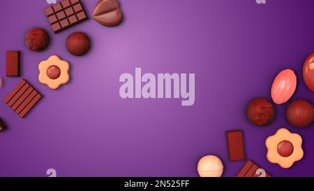 Assorted Chocolates and Cookies on a Purple Background 3d illustration Stock Photo