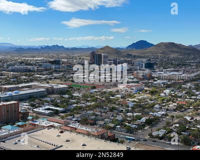 Tucson downtown modern skyscrapers aerial view with Tucson Mountain at the background in city of Tucson, Arizona AZ, USA. Stock Photo
