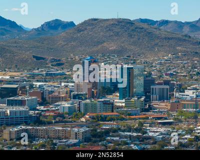 Tucson downtown modern skyscrapers aerial view with Tucson Mountain at the background in city of Tucson, Arizona AZ, USA. Stock Photo