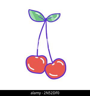 Hand drawn aesthetic cute shiny cherry, two cherries with leaves Stock Vector