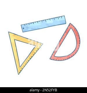 Hand Drawn A Set Of Rulers And Triangles. Vector Illustration Of A