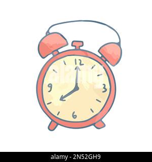 Hand drawn isolated cute retro pink and yellow alarm clock Stock Vector