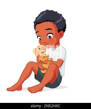 Cute African American boy holding puppy. Vector illustration isolated on white background. Stock Vector