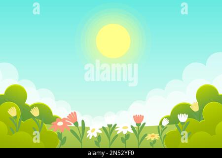 gradient spring landscape background illustration with flowers Stock Vector