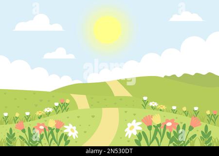 flat spring landscape illustration with spring flowers Stock Vector