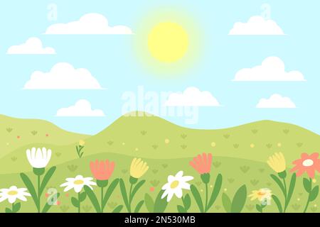 flat design spring landscape background illustration with flowers, sun, and cloud Stock Vector