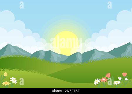 gradient spring landscape with flowers and mountain background Stock Vector