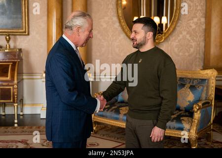 Handout photo shows King Charles III holds an audience with Ukrainian President Volodymyr Zelensky at Buckingham Palace, London, during his first visit to the UK since the Russian invasion of Ukraine. London, UK on February 8, 2023. Photo by Ukrainian Presidency via ABACAPRESS.COM Stock Photo