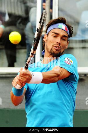 May 10, 2023, ROME: Fabio Fognini of Italy in action during his men's  singles first round match against Andy Murray of Britain (not pictured) at  the Italian Open tennis tournament in Rome