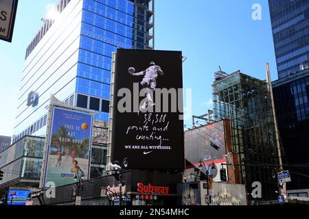 Basketball superstar LeBron James on Nike advertising billboard in Times Square, New York, NY on February 8, 2023. Yesterday, Lakers player breaks NBA score record of Kareem Abdul-Jabbar with 38, 388 points. Photo by Charles Guerin/ABACAPRESS.COM Stock Photo