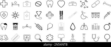 Medical vector icon set. Line icons, sign and symbols in flat linear design of medicine and healthcare with elements for mobile concepts and web apps. Stock Vector