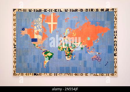 Alighiero Boetti's textile, fabric, Map of the World, dated 1984, from the Cold War Era of the Soviet Union, Iron Curtain. At the former Banco di Napo Stock Photo