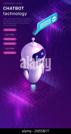 Chatbot technology isometric concept vector illustration. Website landing page with artificial intelligence, robot figure and text bubble or message icon on ultraviolet web banner with big data stream Stock Vector