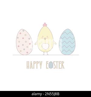 Cute chick, Easter eggs vector illustration. Simple line character with greeting for card, banner. Stock Vector