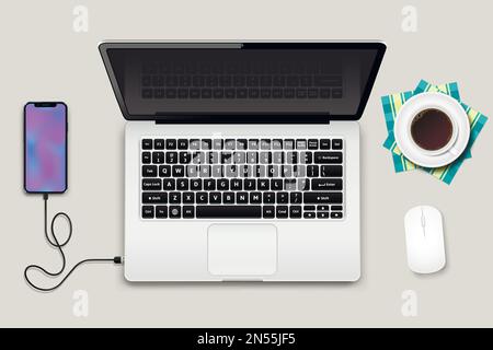 Laptop with phone connected to wire and cup of coffee on a table Stock Vector