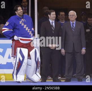 Former New York Rangers goalie Mike Richter shares a light moment on Feb.  4, 2004 with Rod Gilbert and Ed Giacomin (left to right) the only other  Rangers in the teams 78