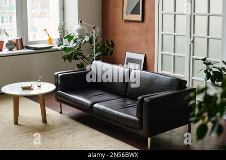 Horizontal image of light modern living room with leather sofa in the center of the room Stock Photo