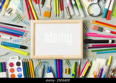 office table desk with supplies arrangement . Resolution and high quality beautiful photo Stock Photo