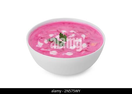 Delicious cold summer beet soup on white background Stock Photo