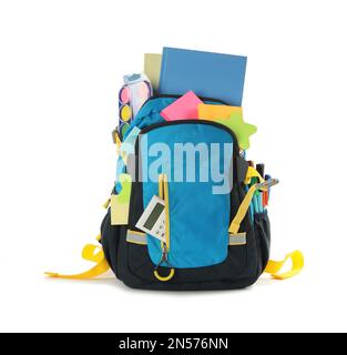 Blue backpack with different school stationery on white background Stock Photo