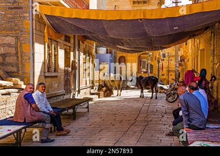 Street scene in the old town of Jaisalmer, an exotic city in the Thar desert, Jaisalmer, Rajasthan, India Stock Photo